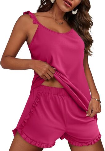 JUSTFASHIONNOW طقم بيجامات كامي مكشكش للسيدات طقم شورت صيفي طقم صالة ملابس داخلية ناعمة مكونة من قطعتين ملابس نوم Pjs in Kuwait