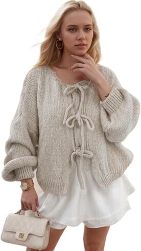 Women Tie Front Knitted Cardigan Y2k Open Front Knitwear Tops Long Sleeve Oversized Cardigan Sweater Trendy Streetwear in Saudi Arabia