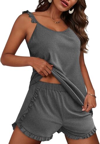 JUSTFASHIONNOW طقم بيجامات كامي مكشكش للسيدات طقم شورت صيفي طقم صالة ملابس داخلية ناعمة مكونة من قطعتين ملابس نوم Pjs in Kuwait