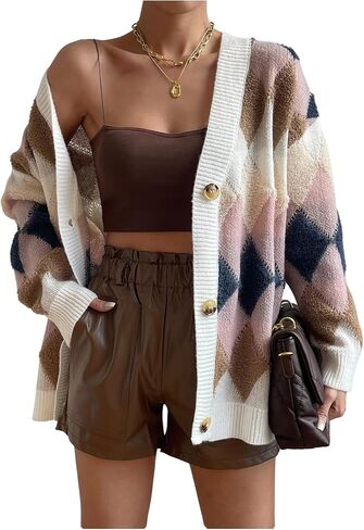 سترة كارديجان نسائية من SOLY HUX منقوشة بأزرار سفلية ورقبة على شكل حرف V وأكمام طويلة كاجوال in Kuwait