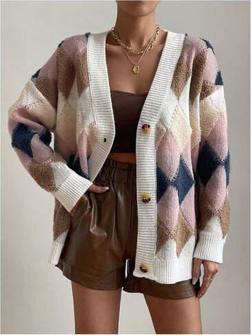 SOLY HUX Women's Argyle Cardigan Plaid Button Down V Neck Long Sleeve Casual Cardigans Sweater in Saudi Arabia