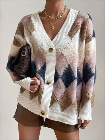 SOLY HUX Women's Argyle Cardigan Plaid Button Down V Neck Long Sleeve Casual Cardigans Sweater in Saudi Arabia