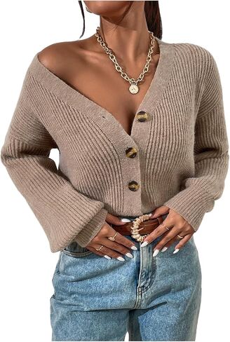 SHENHE Women's Button Down Cropped Cardigan Sweater V Neck Ribbed Knit Soft Cardigan in Saudi Arabia