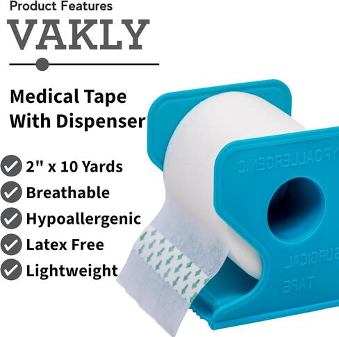 Vakly Paper Medical Tape with Dispenser 2"x10 Yards for Emergency First Aid [4 Rolls + Dispenser] Lightweight Breathable Microporous Adhesive Latex Free Hypoallergenic Bandage & Wound Dressing Tape in Saudi Arabia