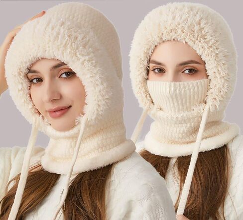 Womens Knit Beanie Hat Fleece Lined 3 in 1 Beanie Hats with Scarf and Mask Winter Scarf Mask Set Snow Caps in Saudi Arabia