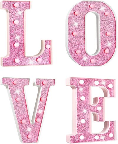 ديكورات عيد الحب - حروف مضيئة LED LOVE Marquee، لافتة على سطح الطاولة تعمل بالبطارية باللون الوردي اللامع للمنزل، والحفلات، والرف، وديكور الرف in Saudi Arabia
