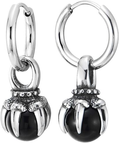 Men’s Steel Hoop Earrings with Black Gemstone and Dragon Claw Gothic Punk Biker Drop Jewelry in Saudi Arabia