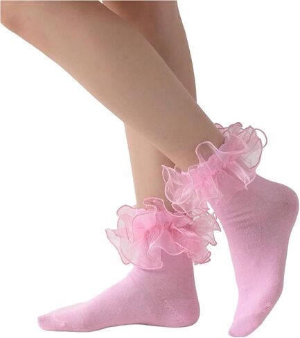 OYOANGLE Women's 1 Pair Pearl Beaded Sheer Ruffle Frilly Crew Socks Soft Comfortable Casual Sock Lolita Socks in Saudi Arabia