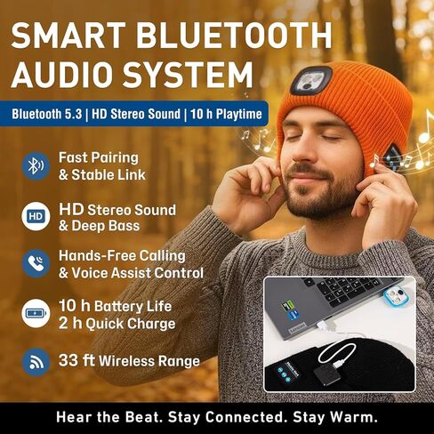 TOP-EX Oversized Fleece Lined LED Bluetooth Beanies with Ear Flap Gifts USB Rechargeable Lighted Cap Christmas Cool in Saudi Arabia