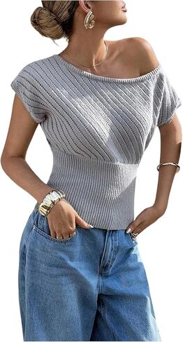 SOLY HUX Women's Off The Shoulder Sweater Dressy Casual Short Sleeve Hollow Out Knit Tops in Saudi Arabia