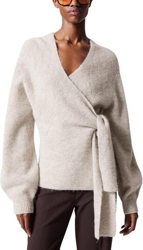 Womens Knitted Wrap Cardigan V Neck Long Sleeve Belted Waist Self Tie Pullover Sweater Tops in Saudi Arabia