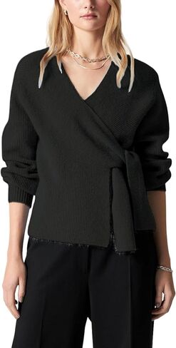 Womens Knitted Wrap Cardigan V Neck Long Sleeve Belted Waist Self Tie Pullover Sweater Tops in Saudi Arabia