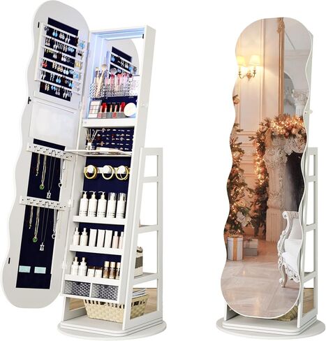 360°Swivel Jewelry Organizer with 3 LED lights and 4 Lockable Wheels for Bedroom,Standing Jewelry Mirror Cabinet with Drawer and 4 Rear Racks,Christmas Gift for Women(White) in Saudi Arabia