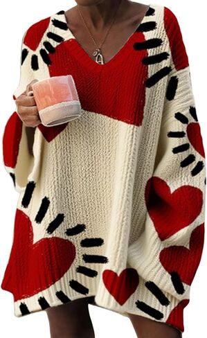 سترة طويلة متماسكة بطباعة قلب ممتعة، بلوفر نسائي مطبوع برقبة على شكل حرف V مقاس كبير، قمة موضة خريف وشتاء للمناسبات غير الرسمية والمكتبية in Kuwait