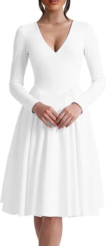 Kaximil Women's Long Sleeve V Neck A Line Elegant Midi Dress Ruffle Flowy Wedding Guest Party Cocktail Dresses in Saudi Arabia