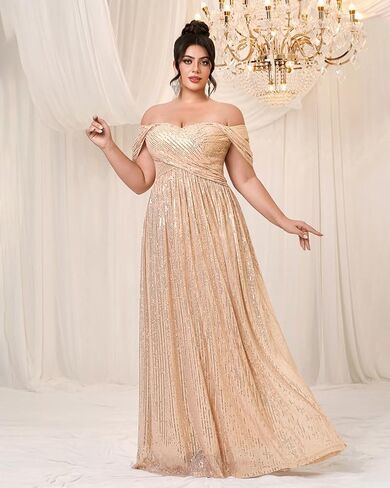 Women's Plus Size Off Shoulder Sequin Maxi Prom Dress Elegant Backless Evening Party Gowns in Saudi Arabia