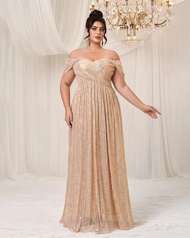 Women's Plus Size Off Shoulder Sequin Maxi Prom Dress Elegant Backless Evening Party Gowns in Saudi Arabia