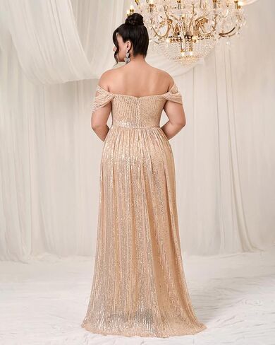 Women's Plus Size Off Shoulder Sequin Maxi Prom Dress Elegant Backless Evening Party Gowns in Saudi Arabia