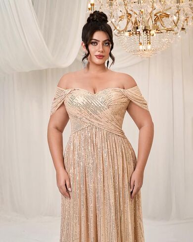 Women's Plus Size Off Shoulder Sequin Maxi Prom Dress Elegant Backless Evening Party Gowns in Saudi Arabia