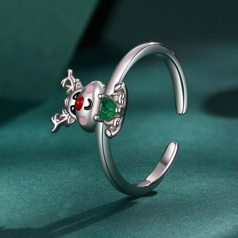 Shysnow Women's Christmas Deer Reindeer Ring 925 Sterling Silver Elk Moose Zirconia Adjustable Open Finger Ring Xmas Animal Jewelry in Saudi Arabia