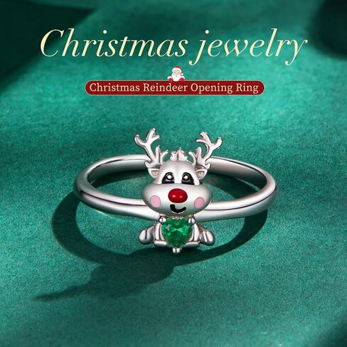 Shysnow Women's Christmas Deer Reindeer Ring 925 Sterling Silver Elk Moose Zirconia Adjustable Open Finger Ring Xmas Animal Jewelry in Saudi Arabia