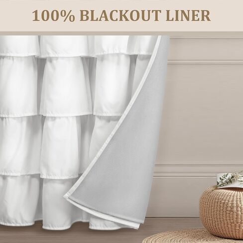 100% Blackout Thermal Insulated Ruffle Curtain Single Panel, Farmhouse Shabby Chic Skirted Window Drapes for Bedroom & Living Room, 52" W x 84" L, White in Saudi Arabia