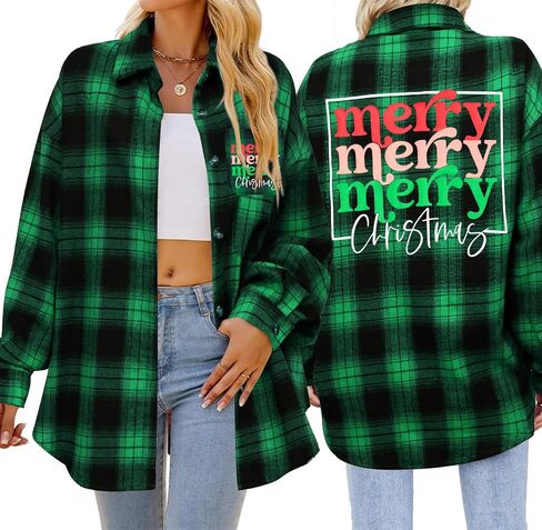 Christmas Plaid Shirts Women:Merry Christmas Printed Long Sleeve Shirt Santa Graphic Button Down Blouse Tops in Saudi Arabia