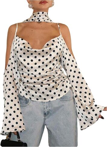 SweatyRocks Women's Polka Dots Cold Shoulder Blouse Elegant Long Sleeve Ruched Date Night Tops with Scarf in Saudi Arabia