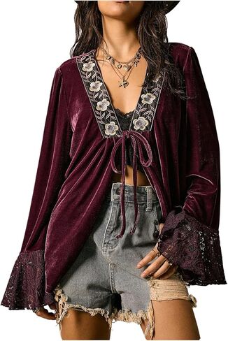 SOLY HUX Women's Lace Long Sleeve Velvet Blouse Tie Front Floral Deep V Neck Shirts Boho Tops in Saudi Arabia