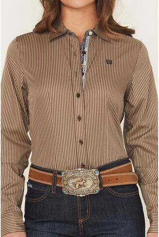 Cinch Women's Brown Tencel Stripe Shirt in Saudi Arabia