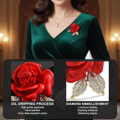 Women Red Rose Flower Brooch Pins Enamel Rhinestone Floral Brooches Pin for Wedding Banquet Brooch in Saudi Arabia
