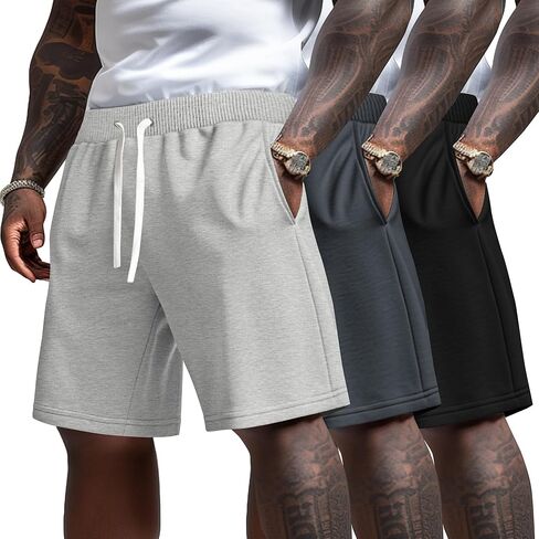 Ficerd 3 Pack Big and Tall Men's Sweat Shorts 9'' Plus Size Bermuda Drawstring Elastic Waist Shorts with 3 Pocket in Saudi Arabia