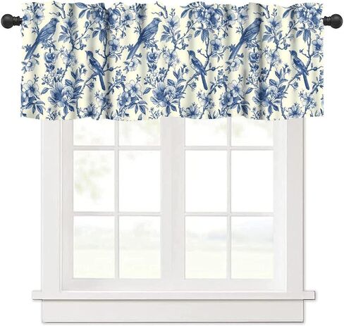 Vintage Bird Valance, Blue White Floral Bird Chinoiserie Design Short Window Treatment for Kitchen Cafe Bedroom Living Room, 54x18Inch in Saudi Arabia