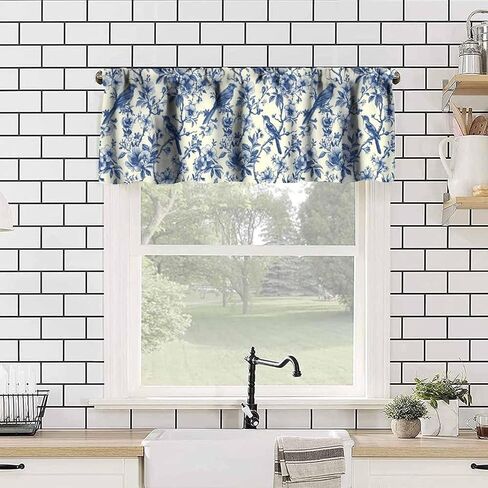 Vintage Bird Valance, Blue White Floral Bird Chinoiserie Design Short Window Treatment for Kitchen Cafe Bedroom Living Room, 54x18Inch in Saudi Arabia