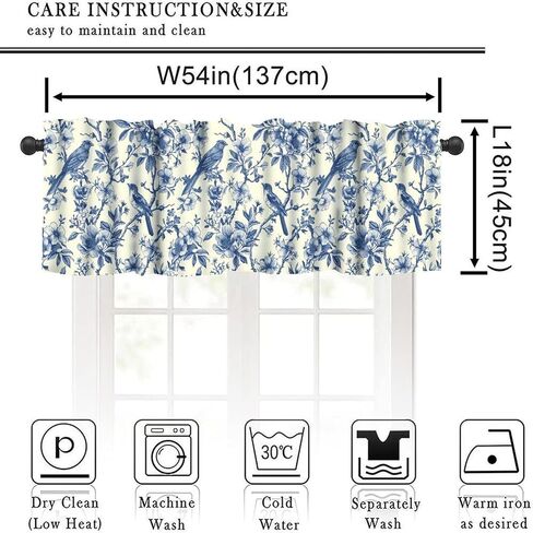 Vintage Bird Valance, Blue White Floral Bird Chinoiserie Design Short Window Treatment for Kitchen Cafe Bedroom Living Room, 54x18Inch in Saudi Arabia