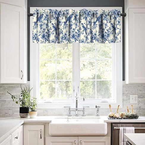 Vintage Bird Valance, Blue White Floral Bird Chinoiserie Design Short Window Treatment for Kitchen Cafe Bedroom Living Room, 54x18Inch in Saudi Arabia