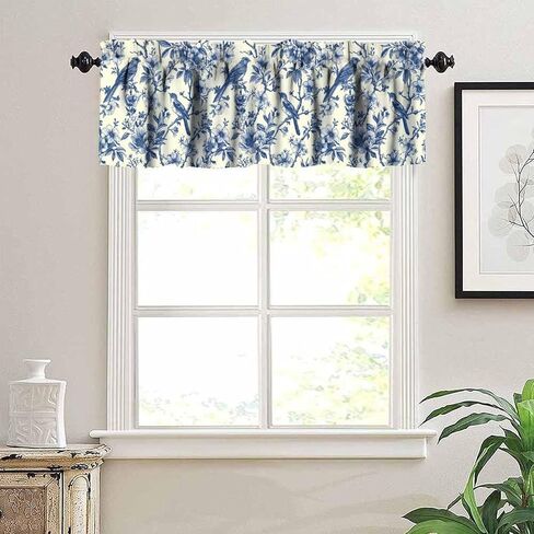 Vintage Bird Valance, Blue White Floral Bird Chinoiserie Design Short Window Treatment for Kitchen Cafe Bedroom Living Room, 54x18Inch in Saudi Arabia