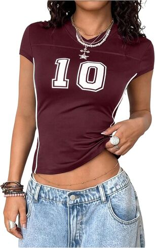 Women's Y2K Sporty Jersey Shirts V Neck Cap Sleeve Tight Crop Tops Street Graphic Tees in Saudi Arabia