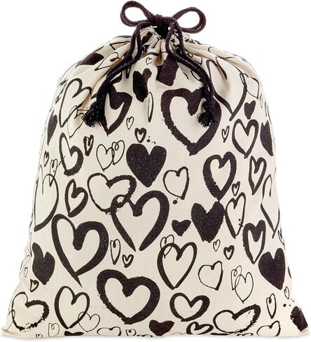 Hallmark 19" Large Canvas Bag with Drawstring (Ivory with Black Hearts) for Valentines Day, Weddings, Bridal Showers, Anniversary and More in Saudi Arabia