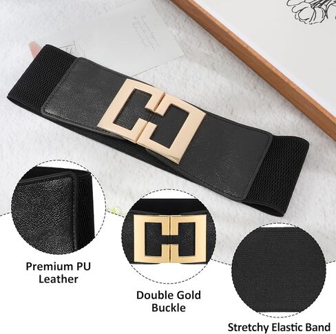 Women's Wide Elastic Belt for Dresses,Fits Waist 23"-32" Fashion Stretchy Waist Belt with Gold Buckle, Black in Saudi Arabia