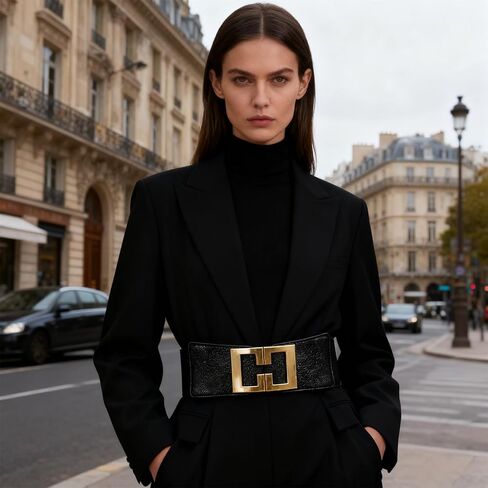 Women's Wide Elastic Belt for Dresses,Fits Waist 23"-32" Fashion Stretchy Waist Belt with Gold Buckle, Black in Saudi Arabia