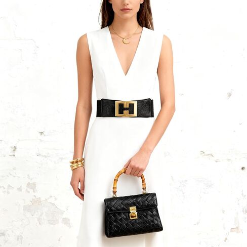 Women's Wide Elastic Belt for Dresses,Fits Waist 23"-32" Fashion Stretchy Waist Belt with Gold Buckle, Black in Saudi Arabia