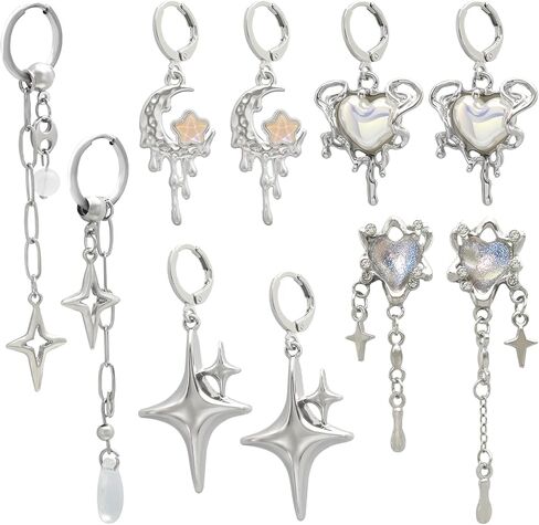 RechicGu 5 Pairs Y2K Moonstone Spike Star Hoop Earrings Set for Women Grunge Emo Goth Earrings Heart Teardrop Chain Dangle Earring Y2K Accessories for Gothic Punk Outfits Christmas Jewelry Gift in Saudi Arabia