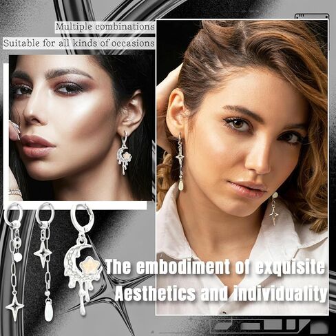 RechicGu 5 Pairs Y2K Moonstone Spike Star Hoop Earrings Set for Women Grunge Emo Goth Earrings Heart Teardrop Chain Dangle Earring Y2K Accessories for Gothic Punk Outfits Christmas Jewelry Gift in Saudi Arabia