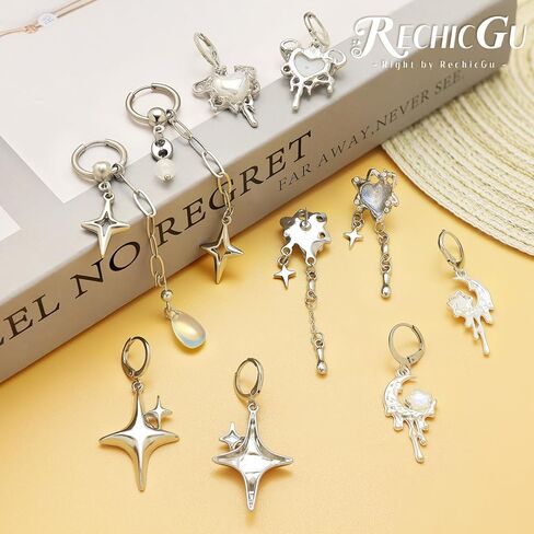 RechicGu 5 Pairs Y2K Moonstone Spike Star Hoop Earrings Set for Women Grunge Emo Goth Earrings Heart Teardrop Chain Dangle Earring Y2K Accessories for Gothic Punk Outfits Christmas Jewelry Gift in Saudi Arabia