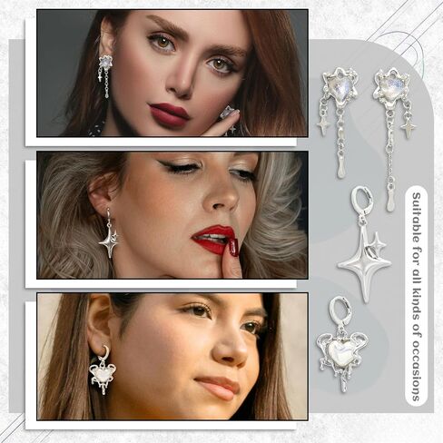 RechicGu 5 Pairs Y2K Moonstone Spike Star Hoop Earrings Set for Women Grunge Emo Goth Earrings Heart Teardrop Chain Dangle Earring Y2K Accessories for Gothic Punk Outfits Christmas Jewelry Gift in Saudi Arabia