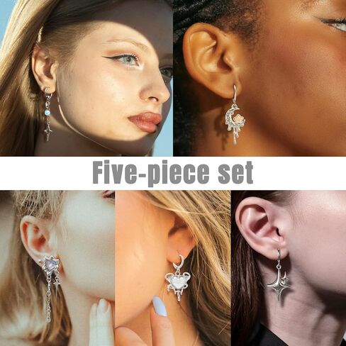 RechicGu 5 Pairs Y2K Moonstone Spike Star Hoop Earrings Set for Women Grunge Emo Goth Earrings Heart Teardrop Chain Dangle Earring Y2K Accessories for Gothic Punk Outfits Christmas Jewelry Gift in Saudi Arabia