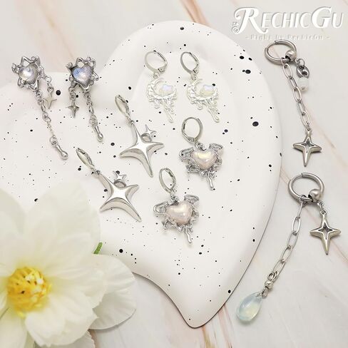 RechicGu 5 Pairs Y2K Moonstone Spike Star Hoop Earrings Set for Women Grunge Emo Goth Earrings Heart Teardrop Chain Dangle Earring Y2K Accessories for Gothic Punk Outfits Christmas Jewelry Gift in Saudi Arabia