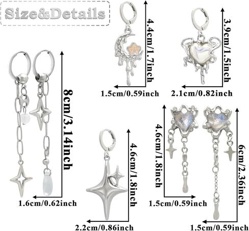 RechicGu 5 Pairs Y2K Moonstone Spike Star Hoop Earrings Set for Women Grunge Emo Goth Earrings Heart Teardrop Chain Dangle Earring Y2K Accessories for Gothic Punk Outfits Christmas Jewelry Gift in Saudi Arabia