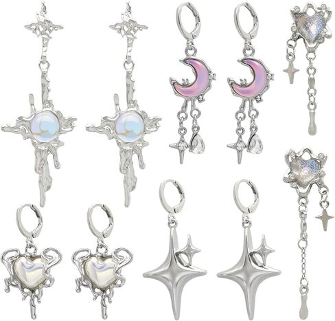 RechicGu 5 Pairs Y2K Moonstone Spike Star Hoop Earrings Set for Women Grunge Emo Goth Earrings Heart Teardrop Chain Dangle Earring Y2K Accessories for Gothic Punk Outfits Christmas Jewelry Gift in Saudi Arabia
